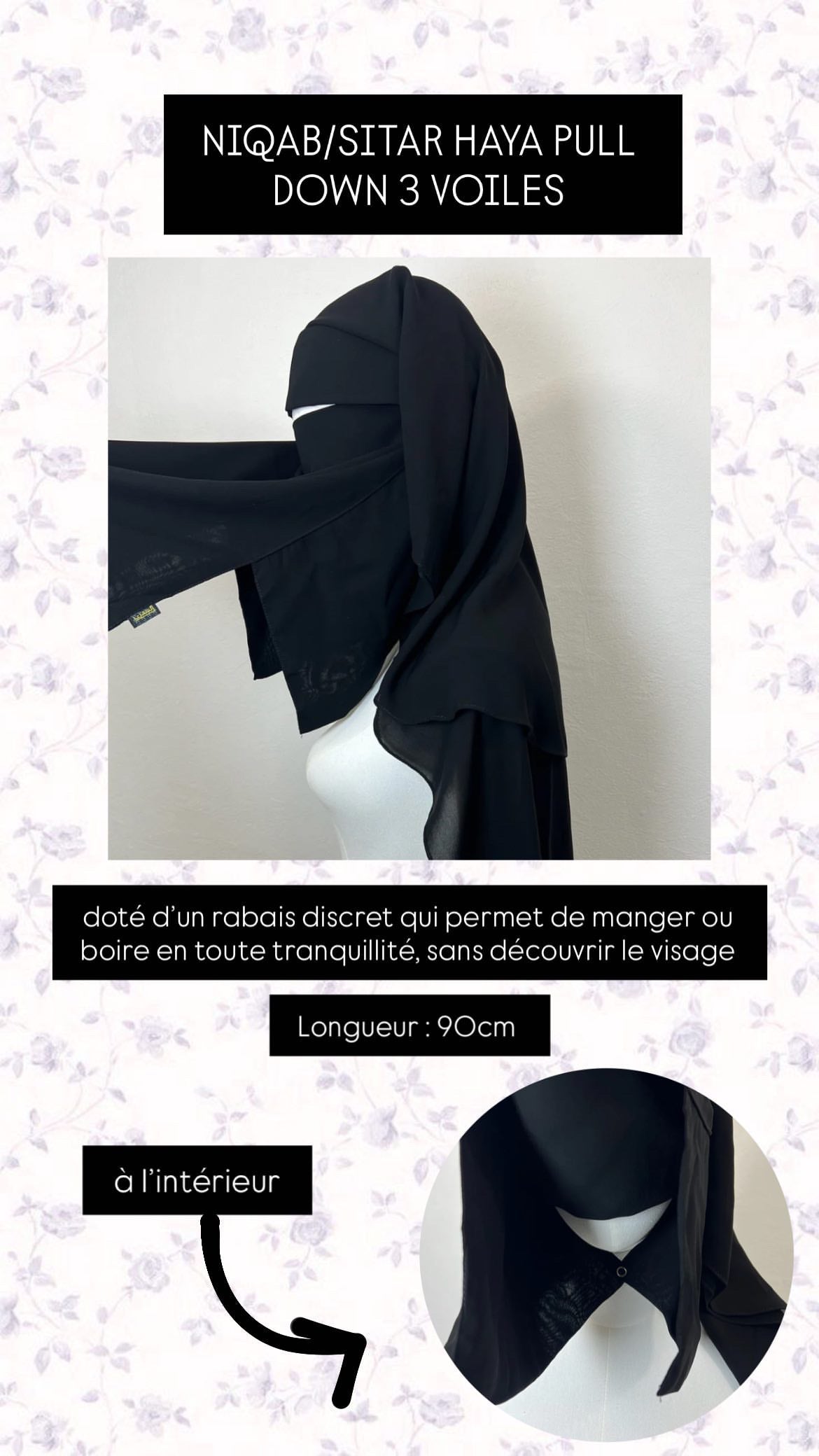 Niqab/Sitar Haya Pull down 3 voiles 90cm Noir