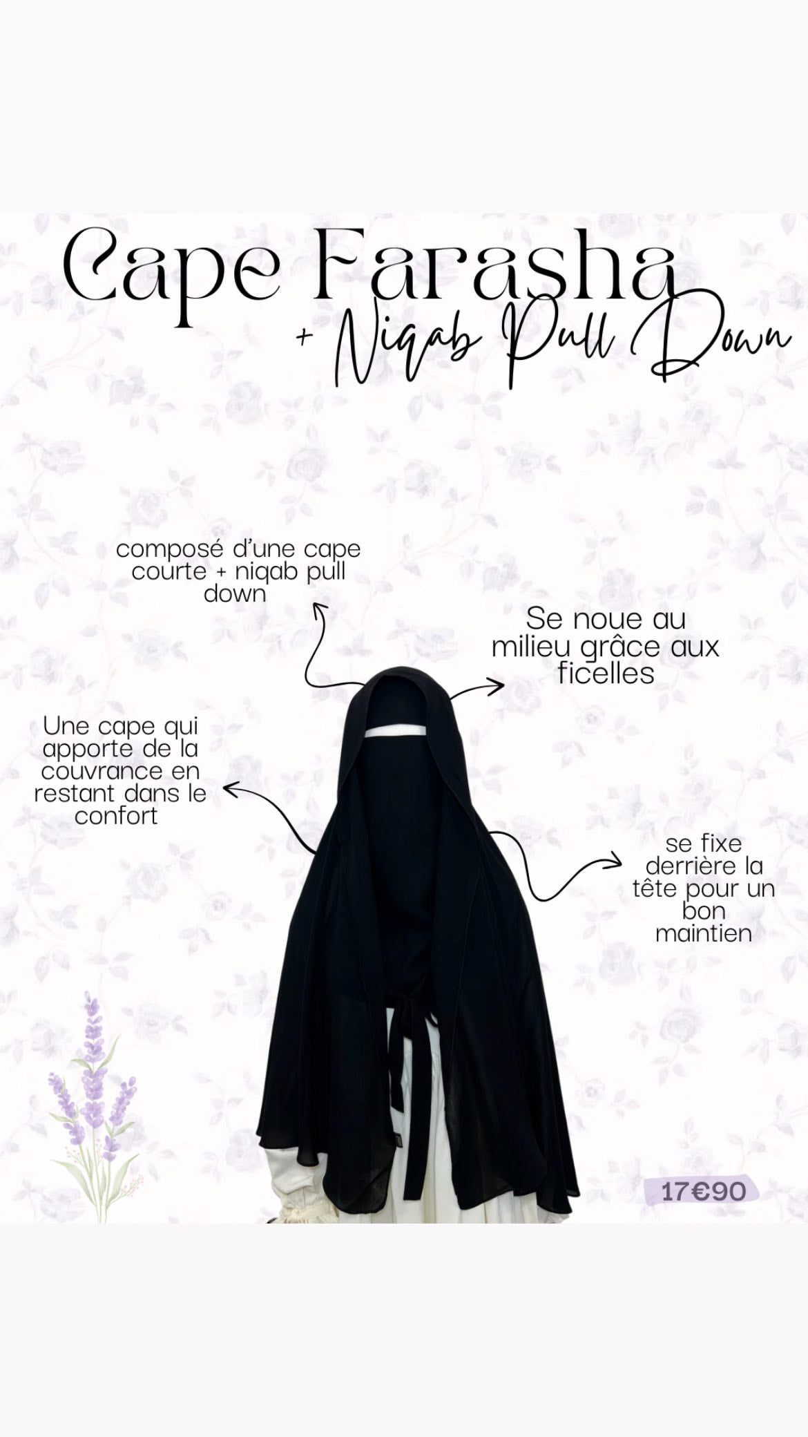 Cape à nouer Farasha courte + Niqab pull down Noir